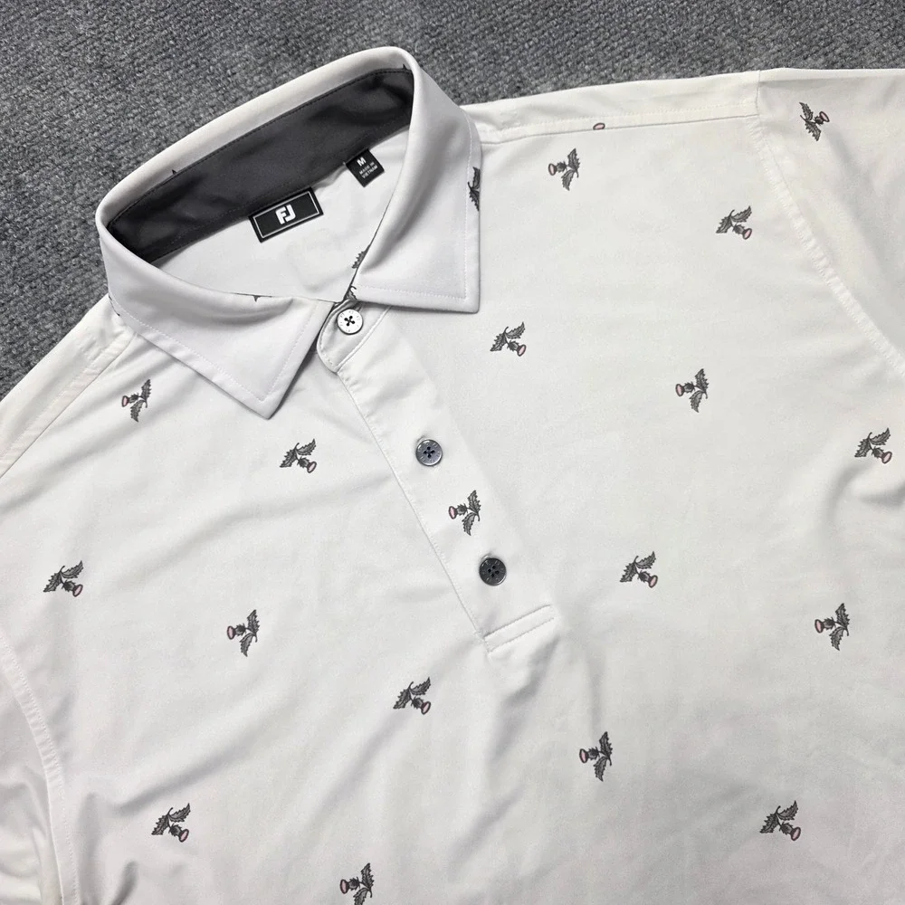 FootJoy Men's Medium ProDry Thistle‎ Print Golf White Polo Shirt Short Sleeve